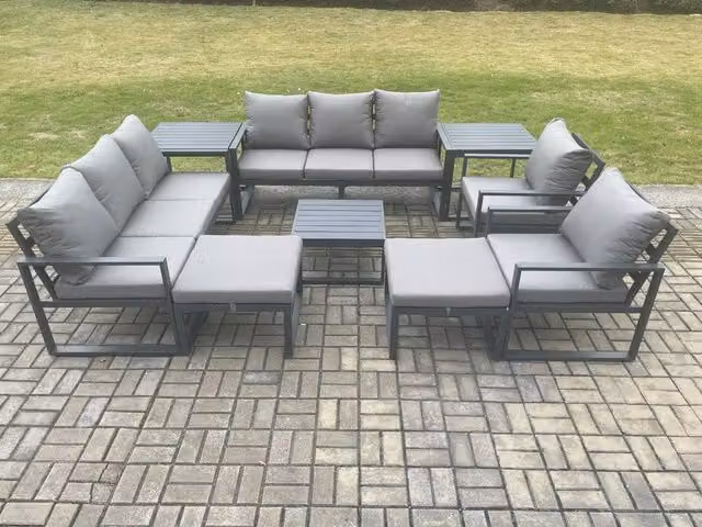Fimous Aluminium Outdoor Garden Lounge Sofa Set in Dark Grey with Coffee Table, 2 Armchairs, 2 Side Tables and 2 Ottomans