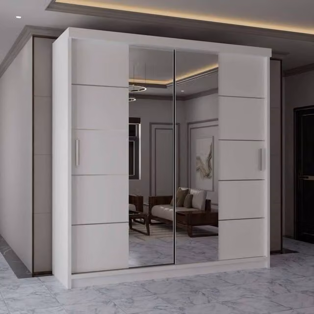 MN Furniture Modern White and Silver Wardrobe with Sliding Mirror Doors and Integrated LED Lighting, W: 150 cm, H: 217 cm – 1