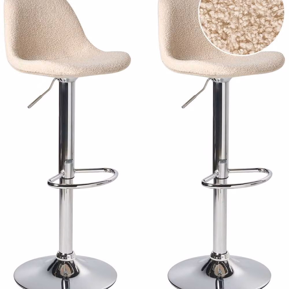 Wyld and Coco Set of 2 Beige Boucle Bar Stools with Swivel Gas Lift and Adjustable Height – 2