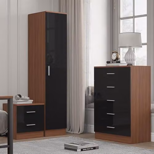 Reflect Modern Bedroom Furniture Set in Black Gloss and Walnut Finish, including 1 Door Wardrobe, 5 Drawer Chest of Drawers and Nightstand