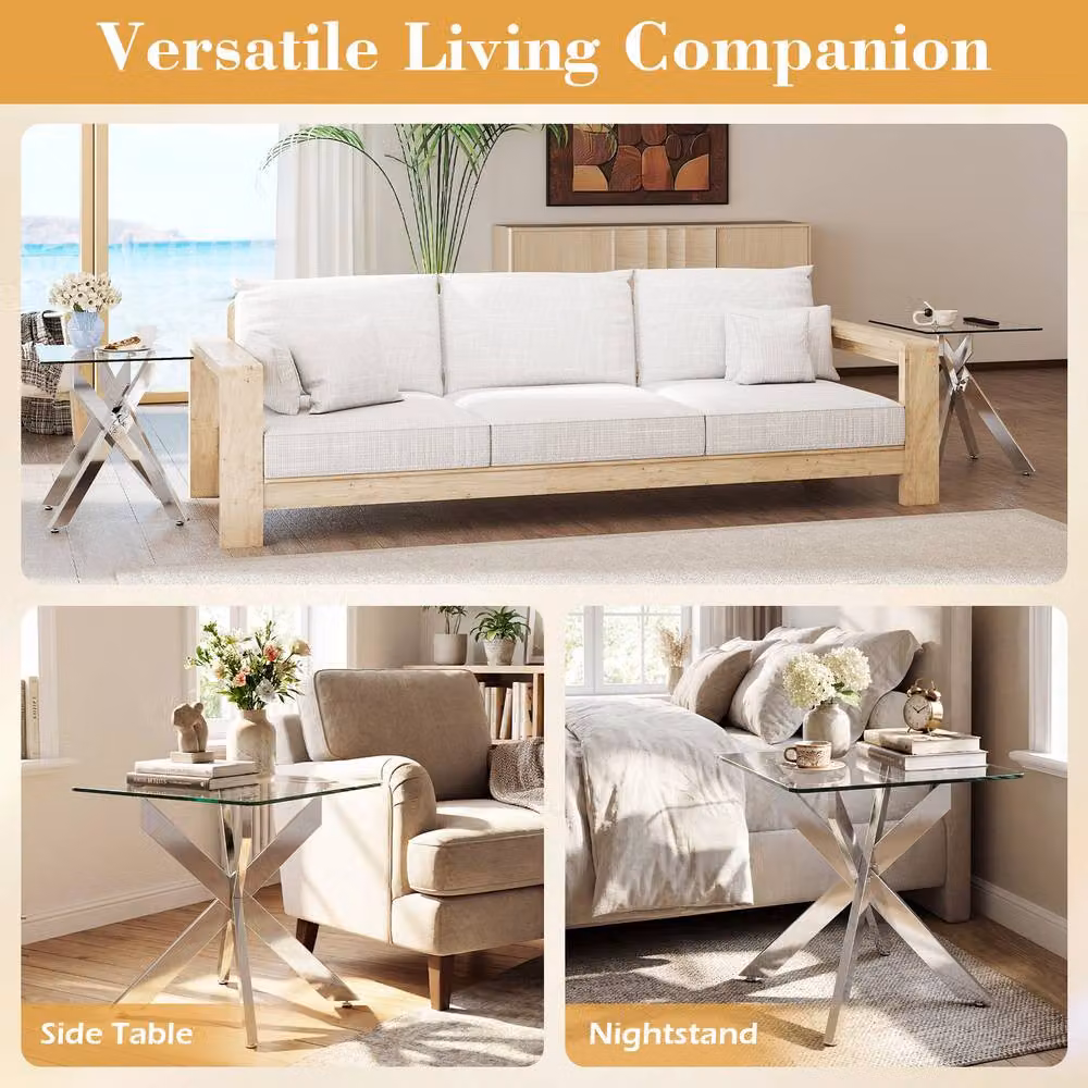 Costway Modern Square Glass Top Side Table with Silver X-Frame in Transparent and Silver – 3