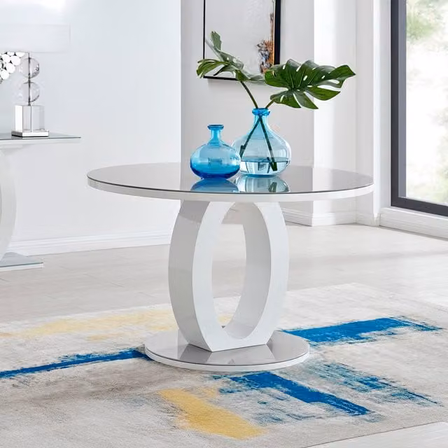 FurnitureboxUK Giovani Round Dining Table in Grey and White with High Gloss and Glass Finish, Diameter: 120 cm