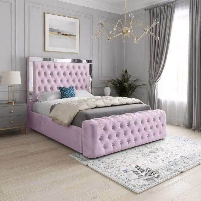 KDMD Reigate Double Mirror Upholstered Bed Frame in Pink Soft Velvet with Silver Details
