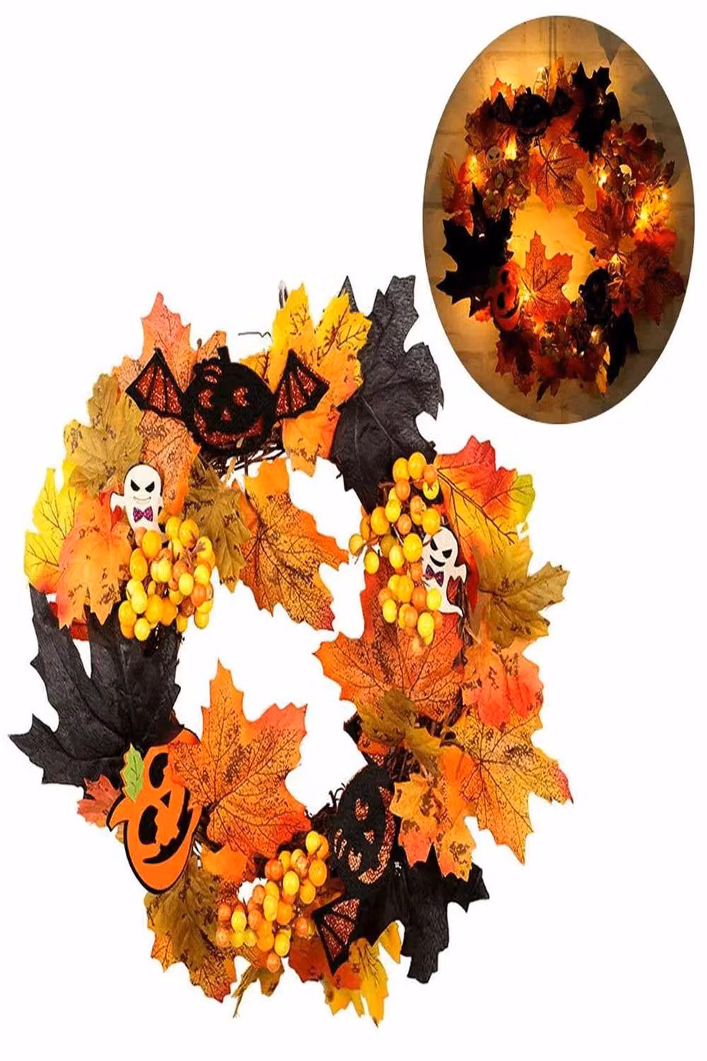 Garden Sanctuary Orange Halloween Decoration Wreath with LED Lights and Floral Leaves – 4