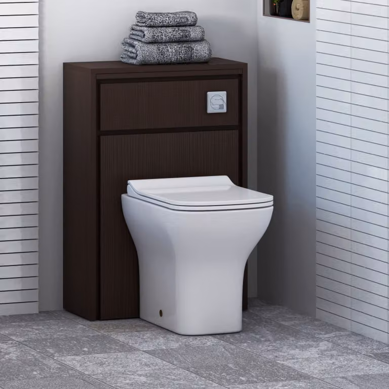 Livora BTW WC Unit with Qubix Rimless Toilet Pan, Slim Soft Close Seat and Cistern in Walnut Woodgrain and White, W: 55.5 cm