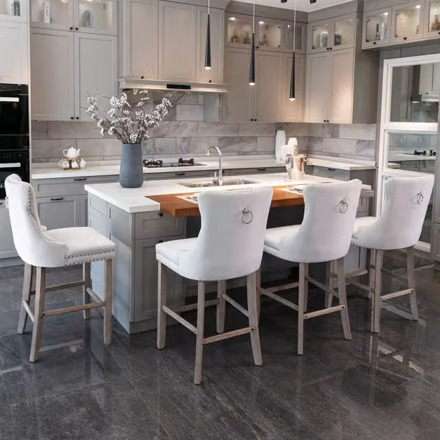 Modern Home Touch Romsey Set of 4 Beige Velvet Kitchen Breakfast Barstools with Oak Wood Legs and Knocker Ring Back – 1