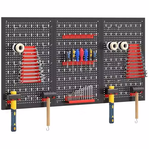 HOMCOM 38 Piece Wall-Mounted Galvanised Steel Pegboard with Hooks, 4 Panels, Black and Red – 1