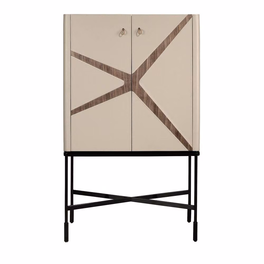 Angel Cerda High Sideboard in Walnut and Beige Mink Faux Leather with Black Steel Legs, W/D/H: 150 x 40 x 90 cm – 2