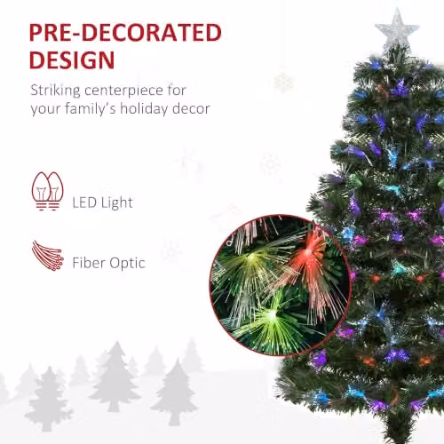 HOMCOM 4ft Green Artificial Christmas Tree with Multicolour LED Fibre Optic Lights and Metal Stand – 4