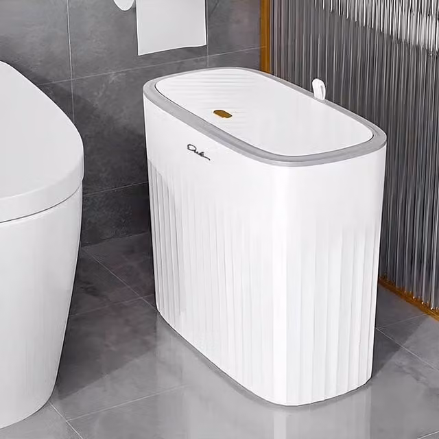 FORGEVIO Small Slim Narrow Touch Waste Bin with Lid, White, W: 26 cm, D: 13 cm, H: 24 cm – 1