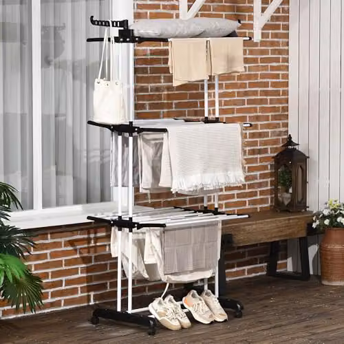 HOMCOM Foldable 4-Tier Steel Clothes Drying Rack with Wheels and Hooks, Black – 3