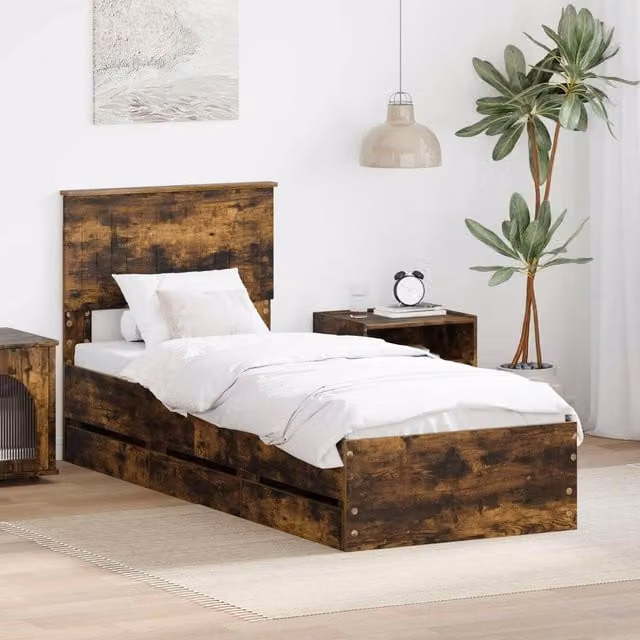 Berkfield Home Modern Bed Frame with Drawer in Smoked Oak Brown, W: 75 cm x L: 190 cm – 1