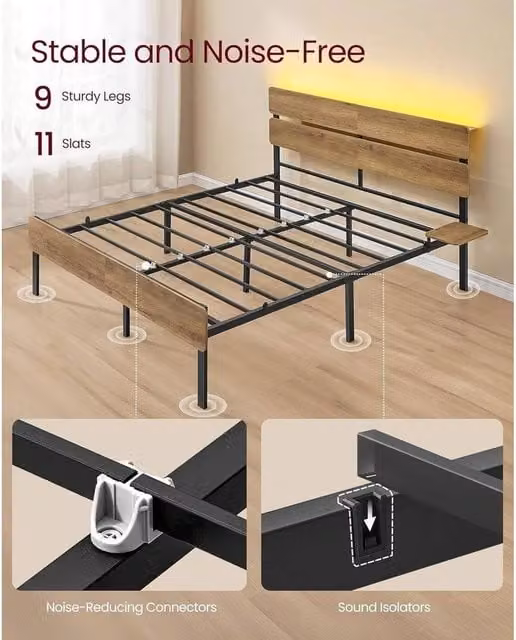 FORGEVIO Industrial Double Metal Bed Frame in Brown with USB Charging Port, Under-Bed Lighting and Bedside Shelf