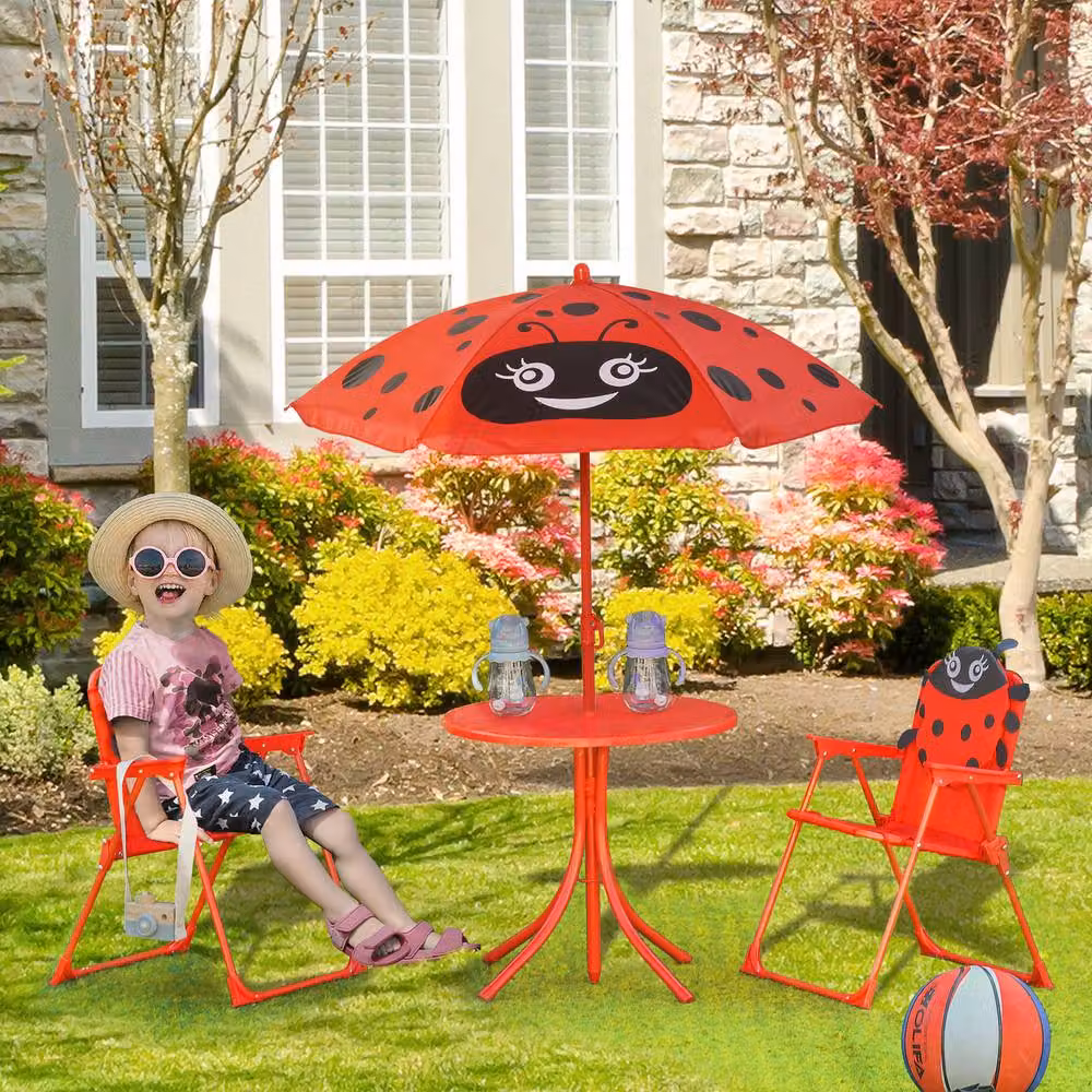 STILVORA Kids Metal Patio Set with Parasol in Red – 2