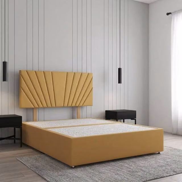 REGIONAL FURNISHINGS King Size Divan Bed Base with 24 inch Headboard in Mustard Yellow Plush Velvet