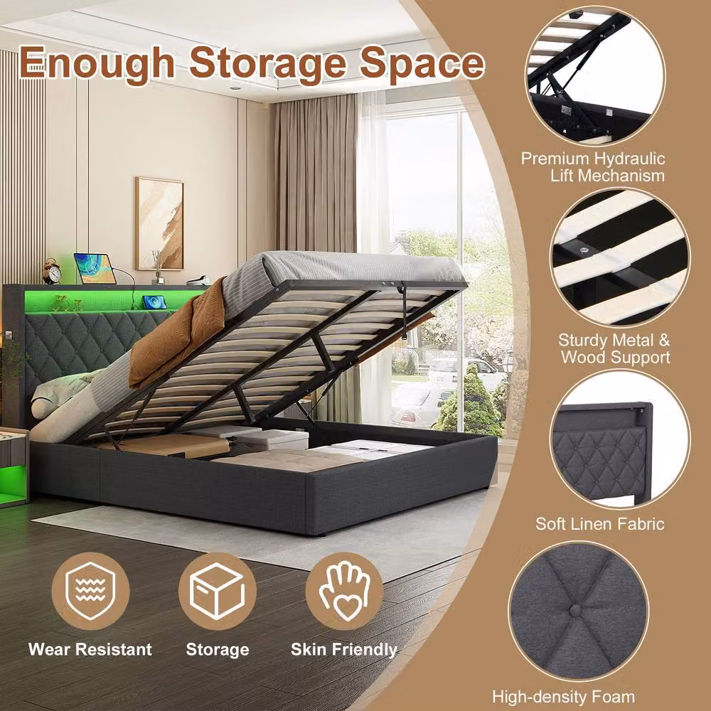 Rolipo Grey Double Ottoman Upholstered Bed Frame with LED Lighting and USB Charging Ports, W/D/H: 140 x 200 cm – 5