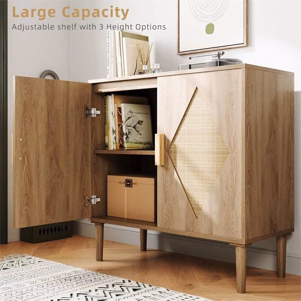 VOGREX Brown Rattan and Wood Buffet Cabinet with Boho Geometric Design – 2
