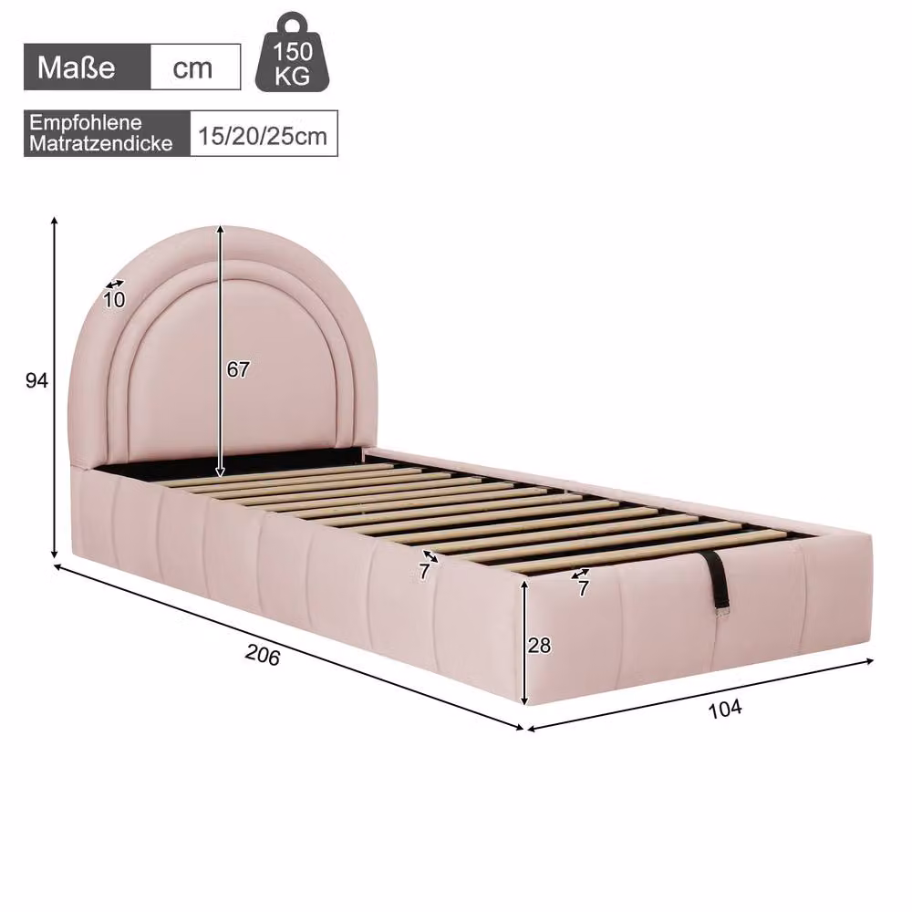Merax Single Velvet Ottoman Bed with Storage and Padded Headboard in Pink, W/D/H: 90 x 190 x 104 cm – 2