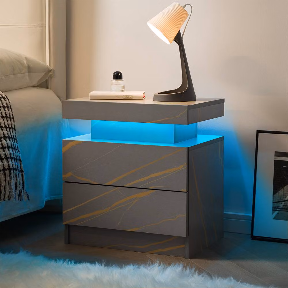 Matteo Modern LED Bedside Table Cabinet with 2 Drawers in Grey and Gold – 2