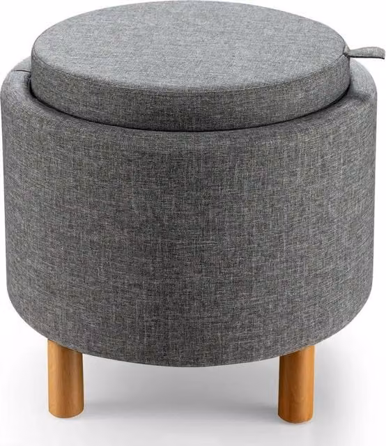 Kelvenix Round Grey Fabric Storage Ottoman with Wood Frame – 1