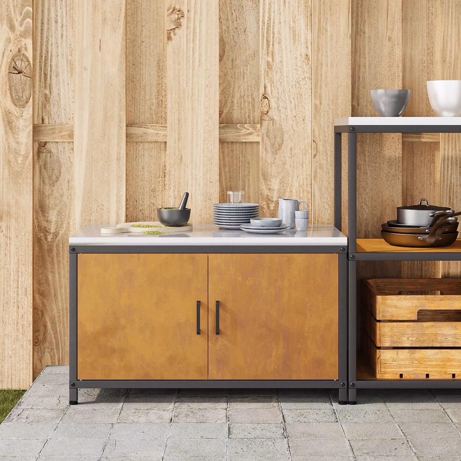 Berkfield Home Modern Kitchen Storage Cabinet in Brown Rusty Weathering Steel with Hinged Doors and Internal Shelves – 3