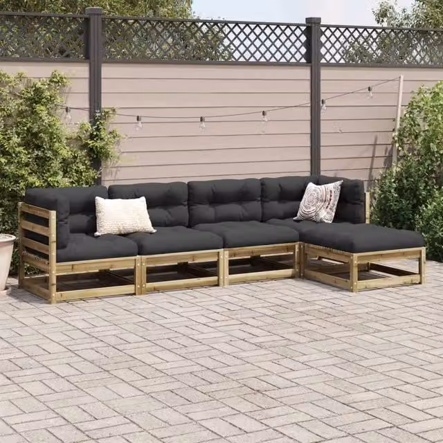 Berkfield Home Beautiful 5 Piece U-Shape Garden Sofa Set in Brown Impregnated Pine with Grey Fabric Cushions and Matching Ottoman – 1