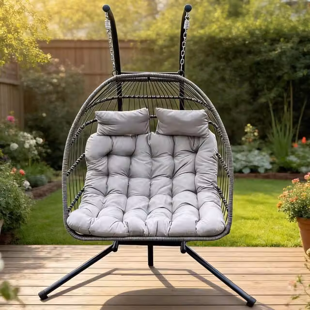 Fimous Double Egg Hanging Chair with Thick Cushions in Dark Grey and Black for Indoor and Outdoor Use – 1