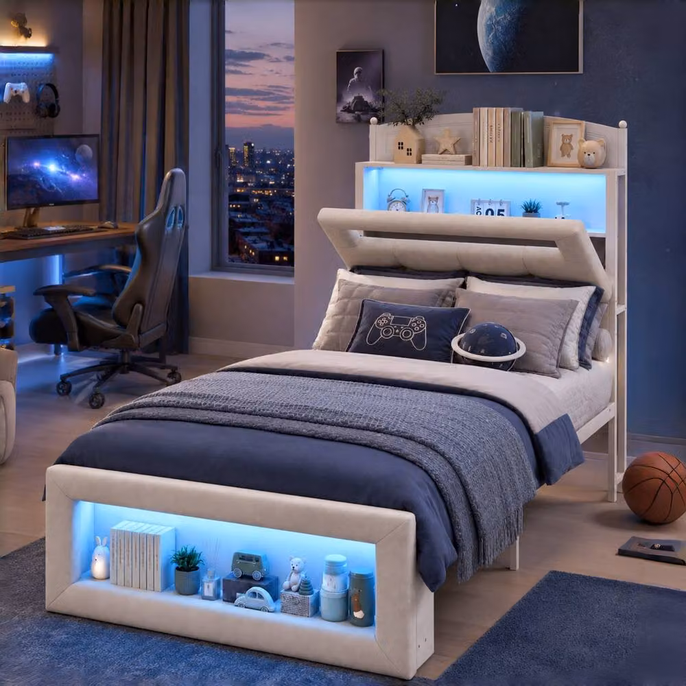 Merax Single Velvet Upholstered Bed Frame in Beige with LED Under-Bed Lighting and Side Compartments, W/D/H: 90 x 190 x 124 cm – 3