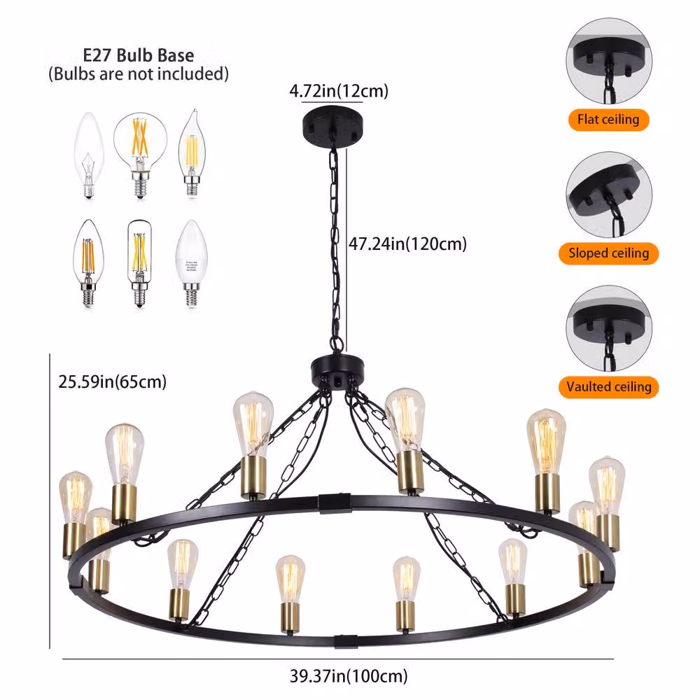 NIVOR Black Metal Waggon Wheel Chandelier, Adjustable 12-Light Industrial Pendant for Kitchen and Dining Rooms, E27 – 2