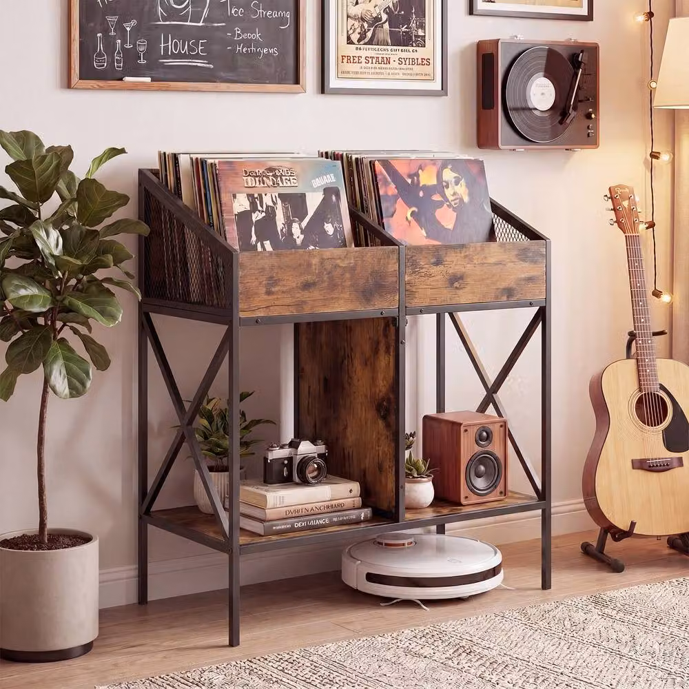 Gymax 2-Tier 4-Grid Vinyl Record Storage Rack and Display Shelf in Brown – 5