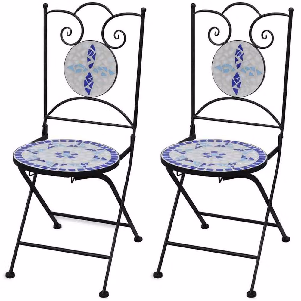 Berkfield Home Set of 2 Ceramic Blue and White Geometric Folding Bistro Chairs – 2