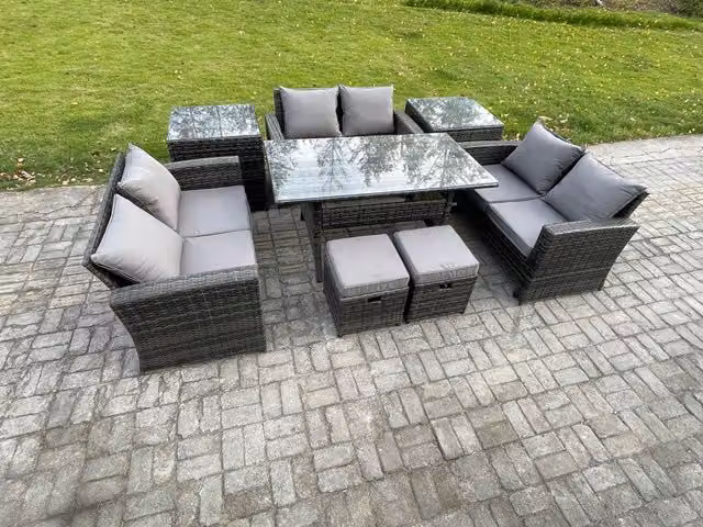 Fimous 8 Seater Wicker PE Rattan Garden Furniture Set with Oblong Dining Table and Double Seat Sofa in Dark Grey