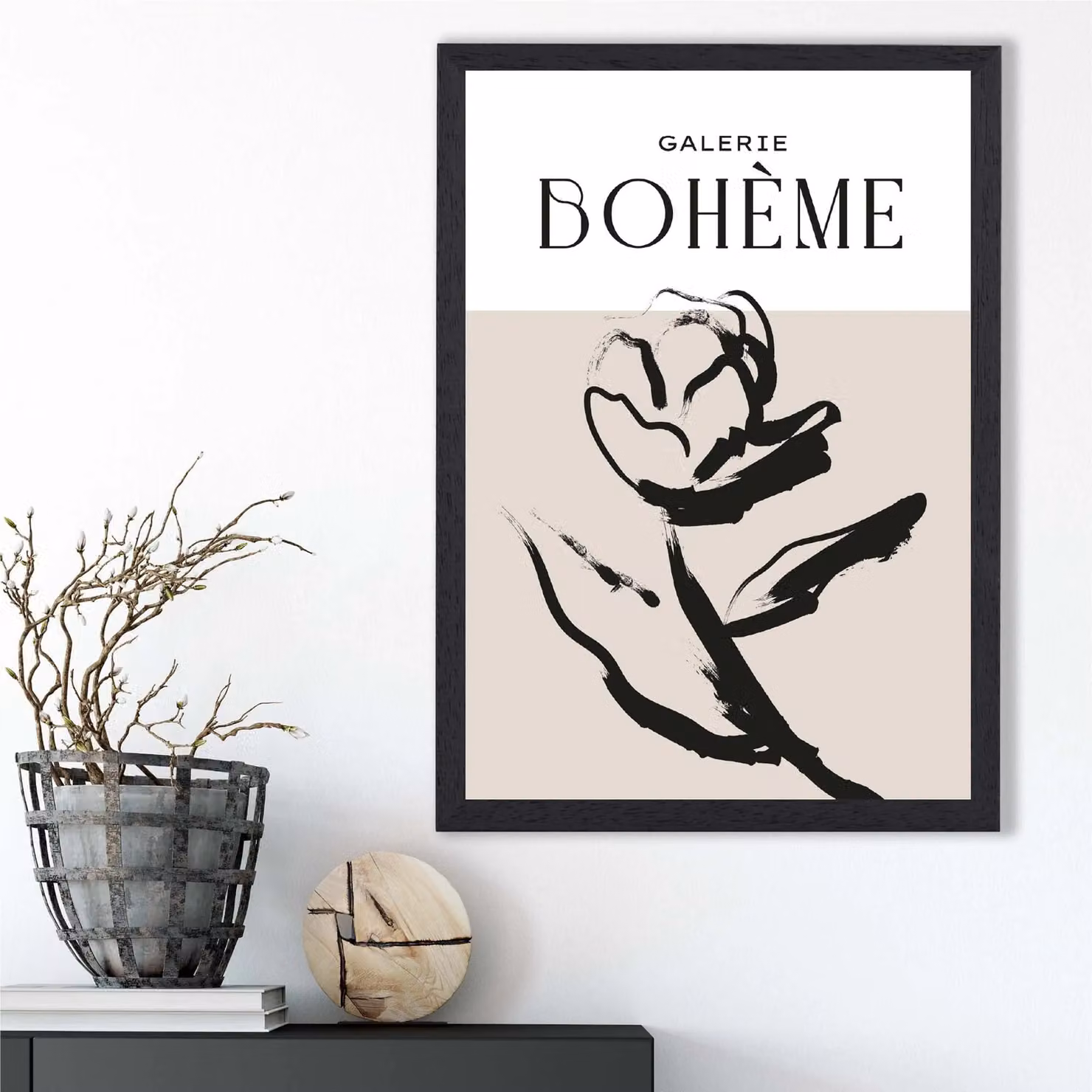 ARTZE Beige and Black Rose Boho Sketch Floral Framed Print, A2 – 2