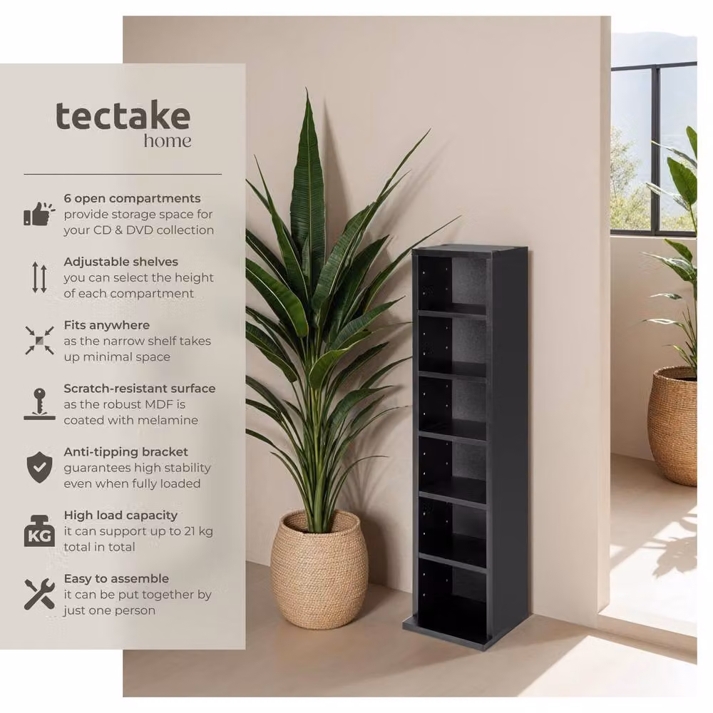 tectake Juliane Shelving Unit in Black with Adjustable Shelves and Media Compartments – 2