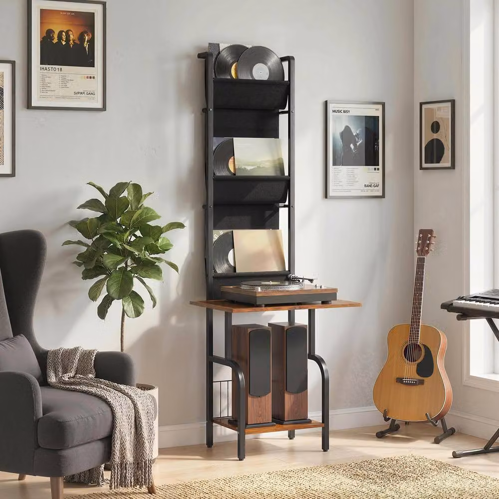STILVORA Industrial Record Player Stand with Media Compartments and Shelves, Black, W/D/H: 76 x 48.5 x 144 cm – 2
