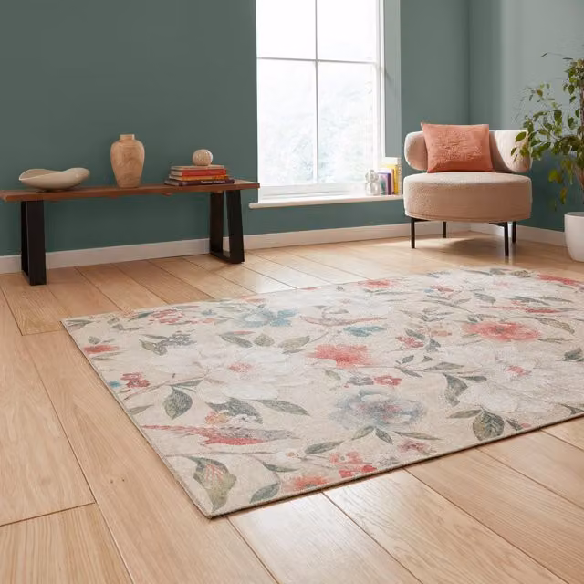 Catherine Lansfield Pipa Floral Rectangular Flat Weave Rug in Beige, Brown and Multicolour