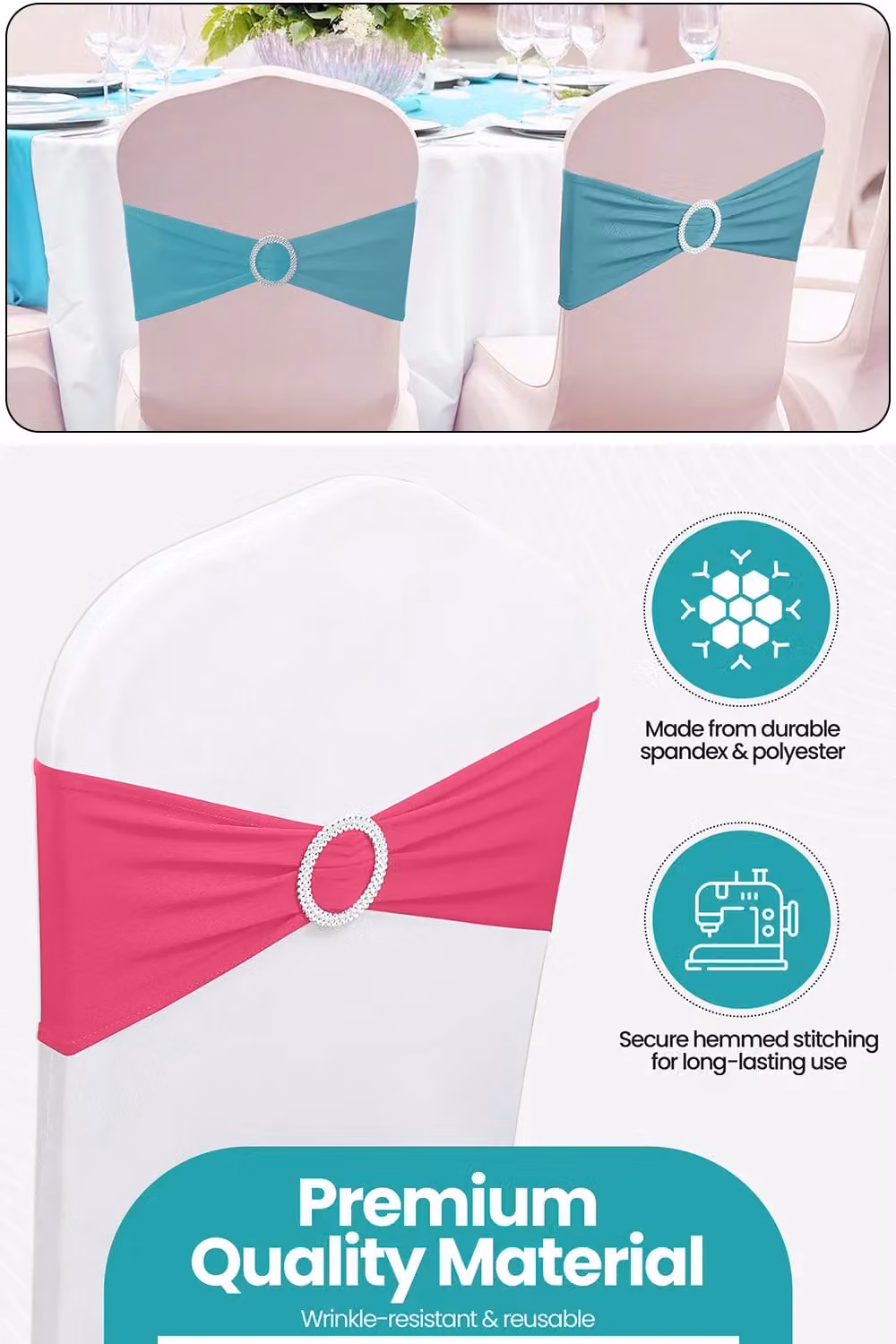 Neel Blue Spandex Chair Band with Slider Buckle and Pink Stretchy Chair Cover Sash