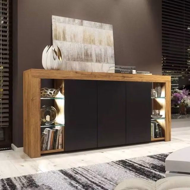 FORGEVIO Modern Wood Sideboard TV Unit with Integrated Lighting in Black, Brown and Multicolour Oak Finish