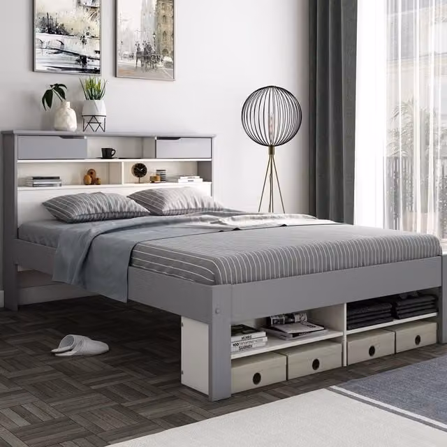Rest Relax Fabian Grey and White Solid Wood Bed with Bedside Shelves