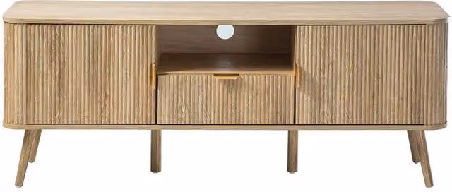 CALICOSY TV Stand with 2 Doors and Rounded Slat Fronts, Oak Effect, Light Brown, W: 140 cm, D: 39 cm, H: 56 cm