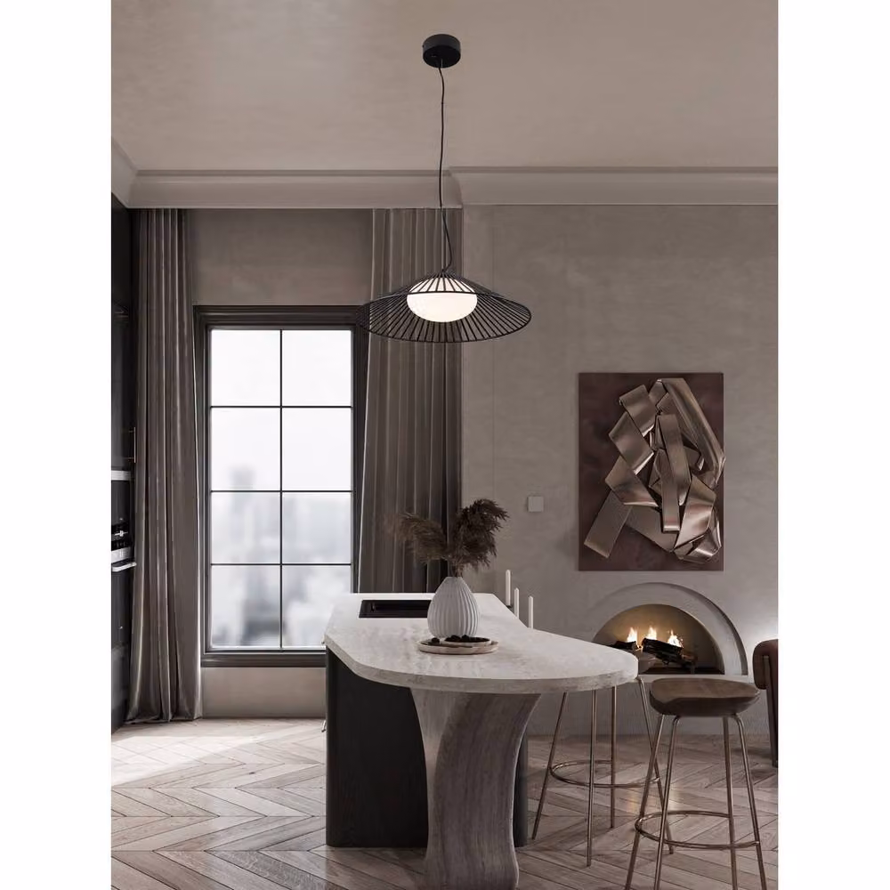 Netlighting Brume LED Pendant Light, Matt Black Wire Frame with Opal Glass, 13W, 679lm, 3000K, Diameter: 50 cm – 2