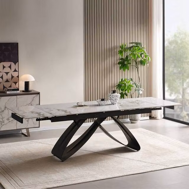 Home Detail Berrie White Sintered Stone and Ceramic Extending Dining Table W/D/H: 180 x 117.6 x 76 cm