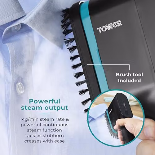 Tower Ceraglide Handheld Garment Steamer with Ceramic Soleplate and Brush Attachment, 1400W, Petrol and Black – 5