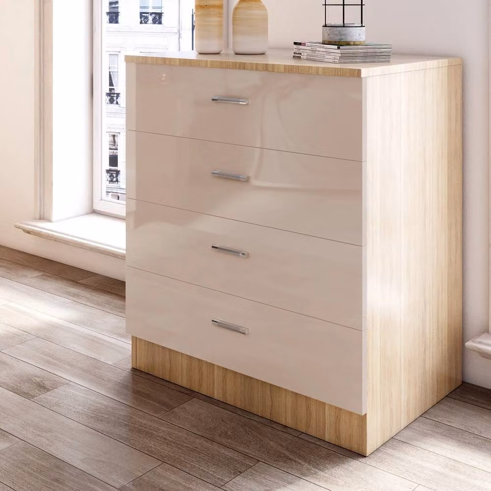 ERGOVEXA High Gloss 4 Drawer Chest of Drawers and Bedside Cabinet in Natural Oak, H 67.0 x W 38.0 x D 60.0 cm – 2