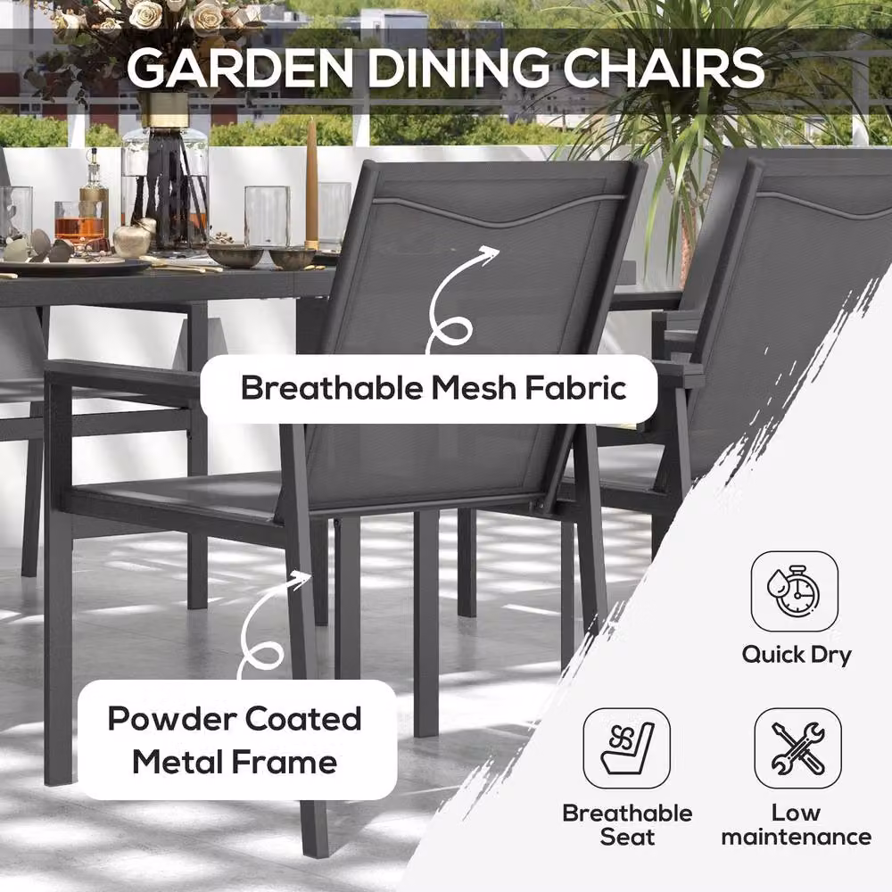 OUTSUNNY 7 Piece Modern Grey Garden Dining Set with Rectangular Glass Top Table and 6 Armchairs – 3