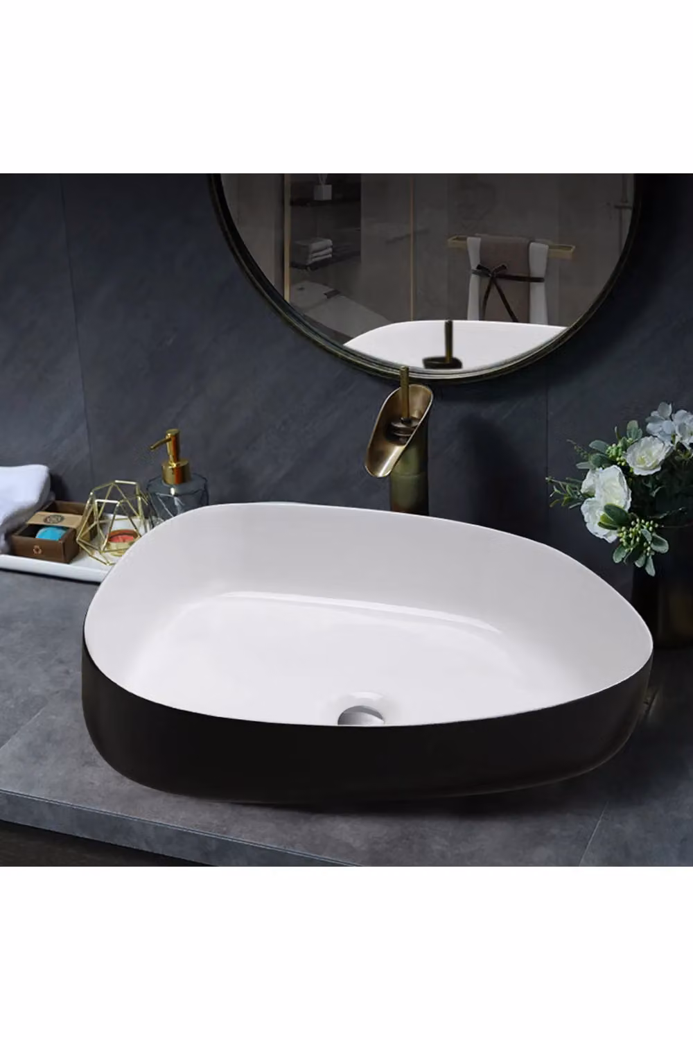 Living and Home Asymmetric Ceramic Countertop Basin in Black, W: 40.0 cm, D: 40.0 cm, H: 14.0 cm – 2