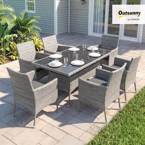 Outsunny 7-Piece Grey Polyrattan Garden Dining Set with Glass Top Table and 6 Chairs – 2
