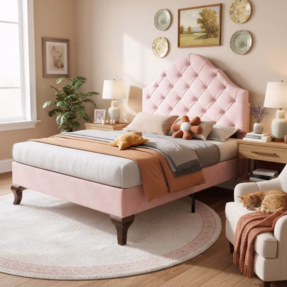 Merax Single Velvet Upholstered Bed Frame in Pink, W/D/H: 90 x 190 cm – 2