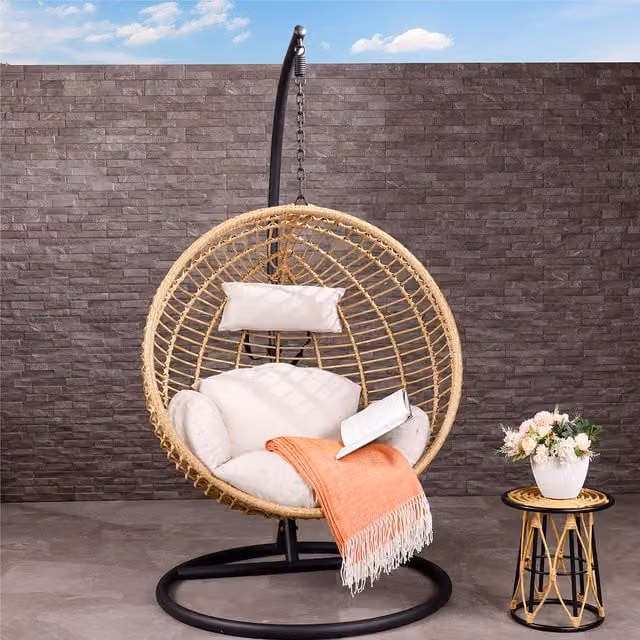Charles Bentley Single Hanging Swing Chair in Black, Beige and Natural, H 198 cm x Diameter 104 cm