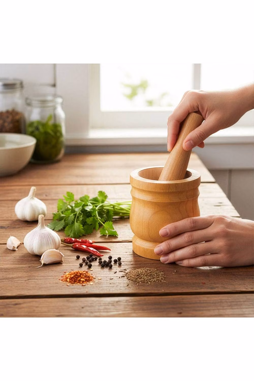 KDMD Wood Mortar and Pestle Herb and Spice Grinder, Brown, W: 10 cm, H: 13 cm – 2